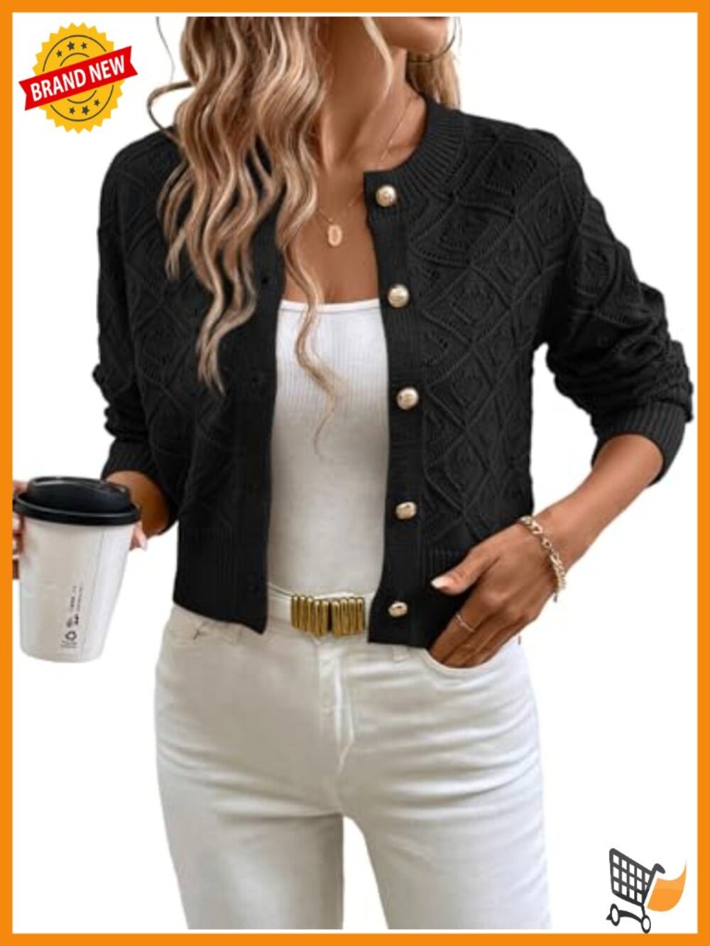 Cropped Cardigan Sweater Mock Neck Pointelle Knit Gold Buttons Dressy
